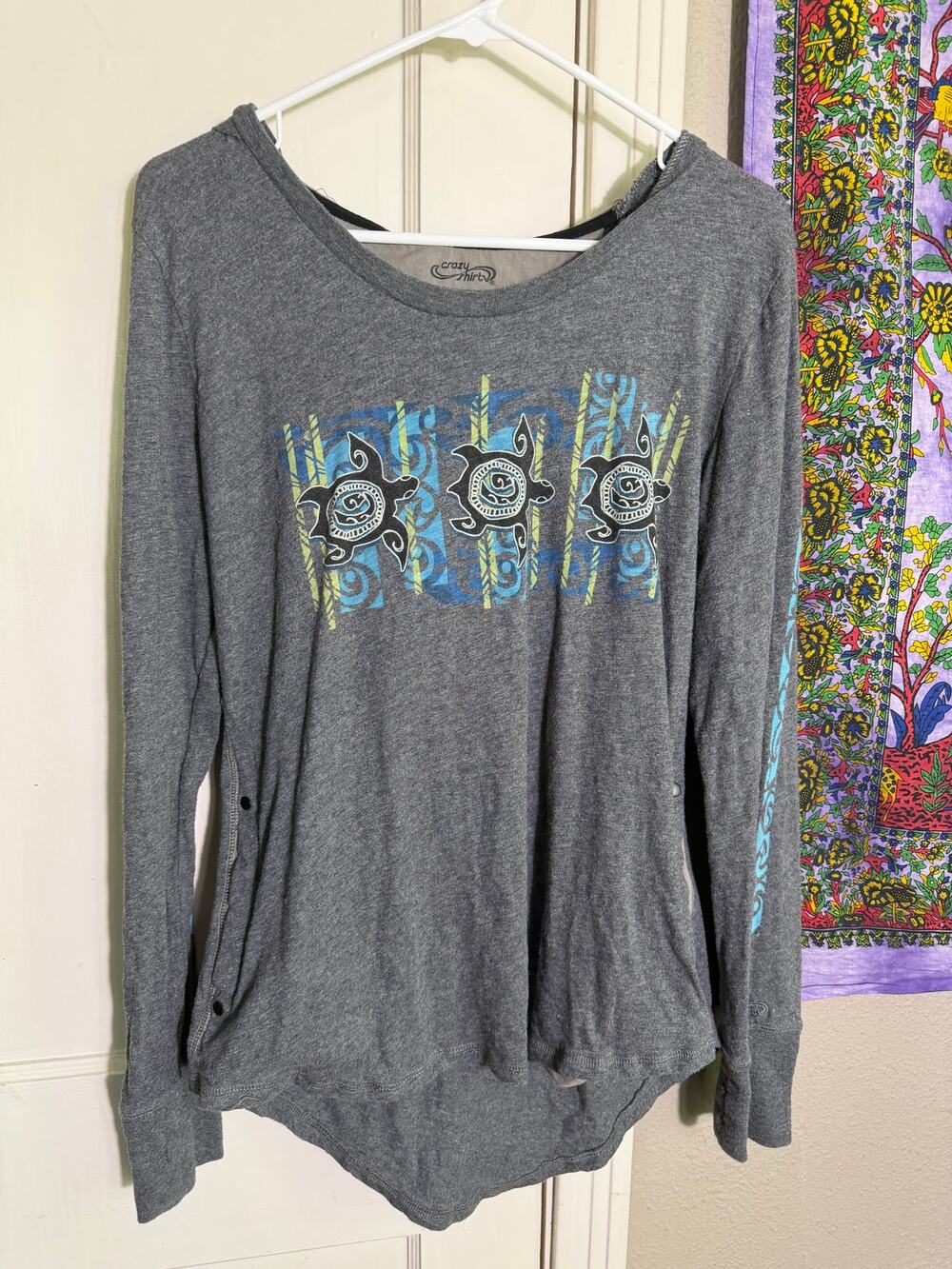 Crazy Shirts Turtle Graphic Hooded Long Sleeve Shirt Gray Cotton - Large
